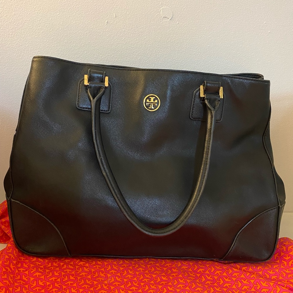 Black leather Tory Burch Tote Bag